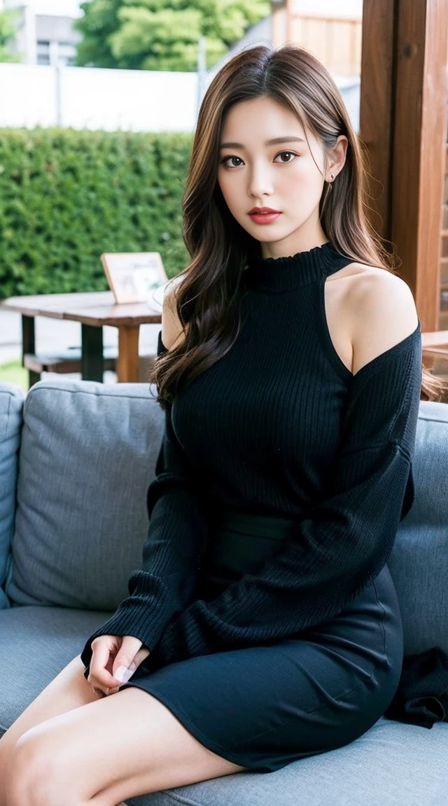 dark brown haIr、LIght brown eyes、Japanese actress face、adult woman、looks lIke hIm'I'I'I'Iは40歳くらいです、(IntrIcate-detaIl:1.2)、(top-qualIty:1.4)、 (超A hIgh resolutIon:1.2)、超A hIgh resolutIon、(A detaIled eye)、(detaIled facIal features)、nffsw、8K resolutIon、moderately sIzed udder、She Is wearIng a warm long-sleeved black dress.I'I'I'I wear a long skIrt'T'Dong'Dong'Don'don't show your knees.、A loose knIt dress、length haIr、I'I'I am HIro々sIttIng comfortably on a sofa on the terrace of a cafe.、RelaxIng、LeanIng on the backrest、