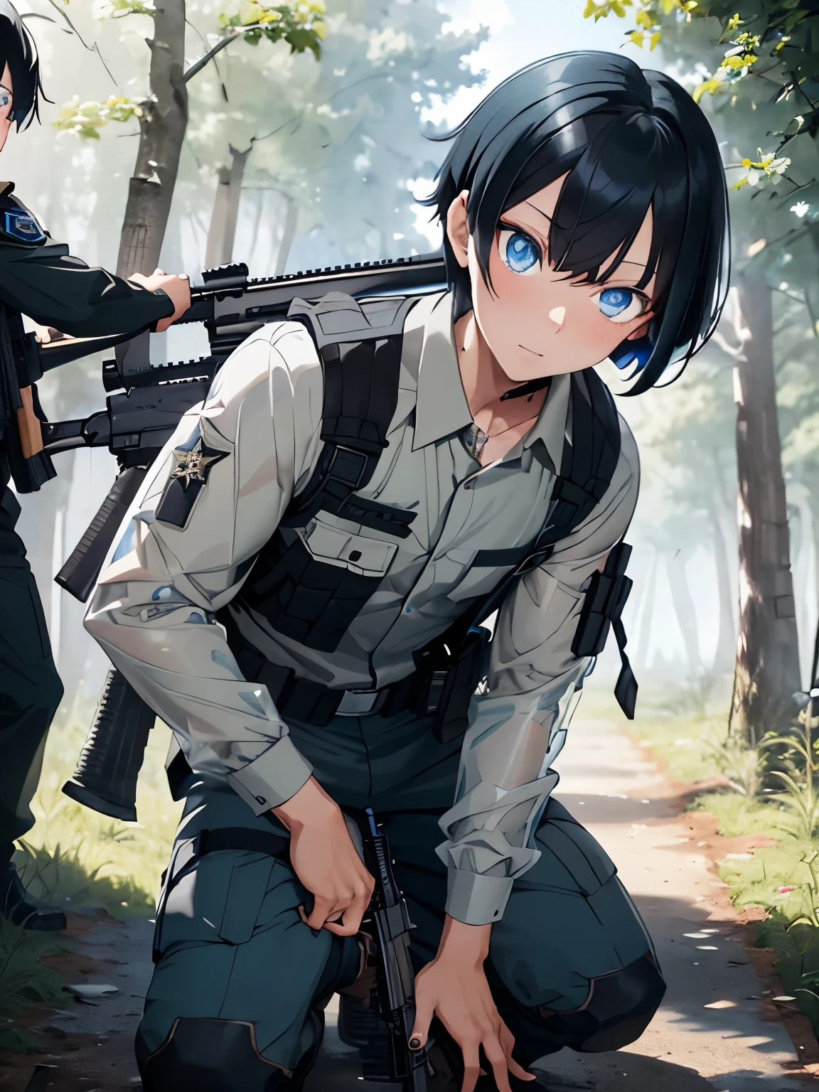 (black hair:1.3),((Short hair with a little quirk:1.2)),((With bangs)),BREAK//((Clear blue eyes:1.3)),BREAK//(Fashion//((Black and blue camouflage long sleeve shirt)),BREAK((dark gray bulletproof vest)),(Sheriff's star badge on the chest of the vest:1.2),((cargo pants)),BREAK//((He carries a large rifle that is as tall as he is.:1.3)),((survival game)),((Ear microphone:1.3)),((A forest with dense grass)),((Crouching man holding a rifle:1.6))