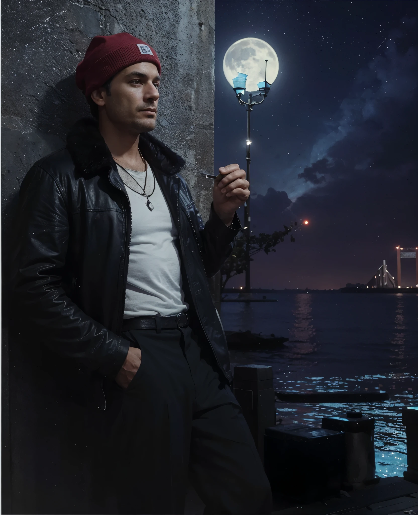 Ultra-realistic cinematic image, 8k um homem posando para uma foto. He is wearing a black jacket with a fur detail on his chin and a red cap.. The man is standing, with one hand in his pocket and the other hand holding something that appears to be a cigarette. He has a serious expression and is looking directly at the camera.
The background of the image is illuminated with blue and red lights, iluminando um ambiente noturno. There's a big moon in the sky, e ao fundo, there is a scene that appears to be a bridge or boat scene, com acesas e estruturas que parecem ser parte de uma cidade. The image has a style that appears to be an illustration or a photo with a filter, given the shade and artificial lighting.