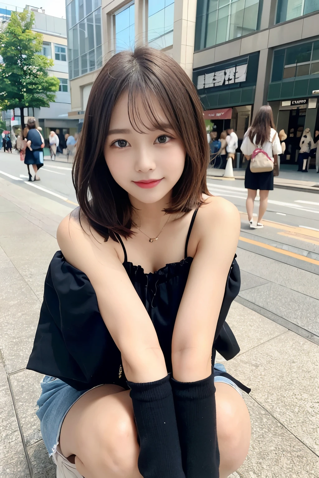 High resolution, highest quality, perfect dynamic composition, beautiful and fine eyes, off shoulder、shining hair、medium hair, natural color lip, university student、Harajuku、slight smile、Crouched figure、M-shaped legs