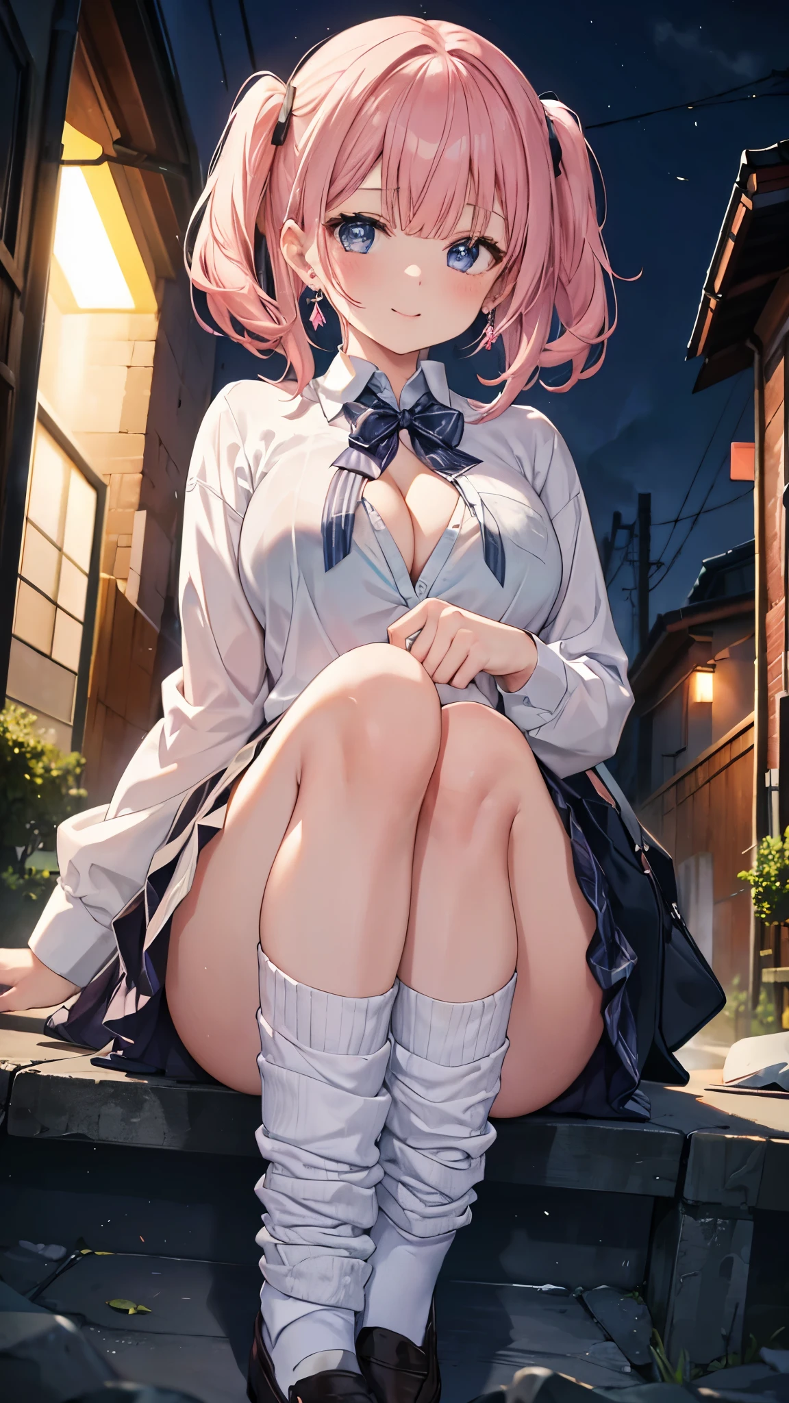 (8K、best image quality、highest quality、masterpiece)、detailed face、1 girl、pink hair、diagonal bangs、light blue eyes、earrings、pink lip、smile showing teeth、big breasts、((white shirt))、cleavage、Roll up your sleeves、black pleated skirt、white socks、loafers、sitting,、knees up、Shooting from diagonally in front、((Back alley background at night))