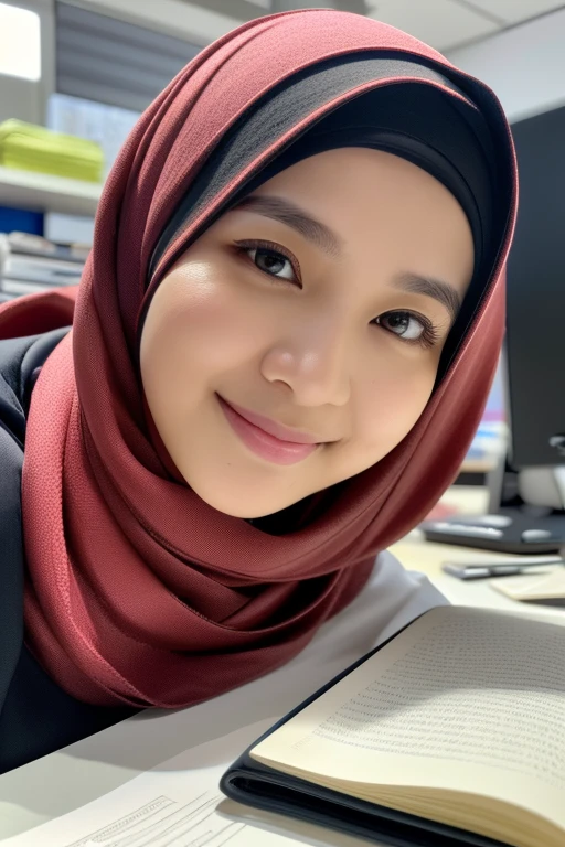 ((Masterpiece, ultra detailed, best quality, HDR, UHD, Sharp focus, hyper realistic, photorealistic, like a photo, RAW Photo))1 girl, soft smile,abaya, malaysia government workers, viewing audience from her desk, close up, hijab, tudung bawal, scarf, 30 yo