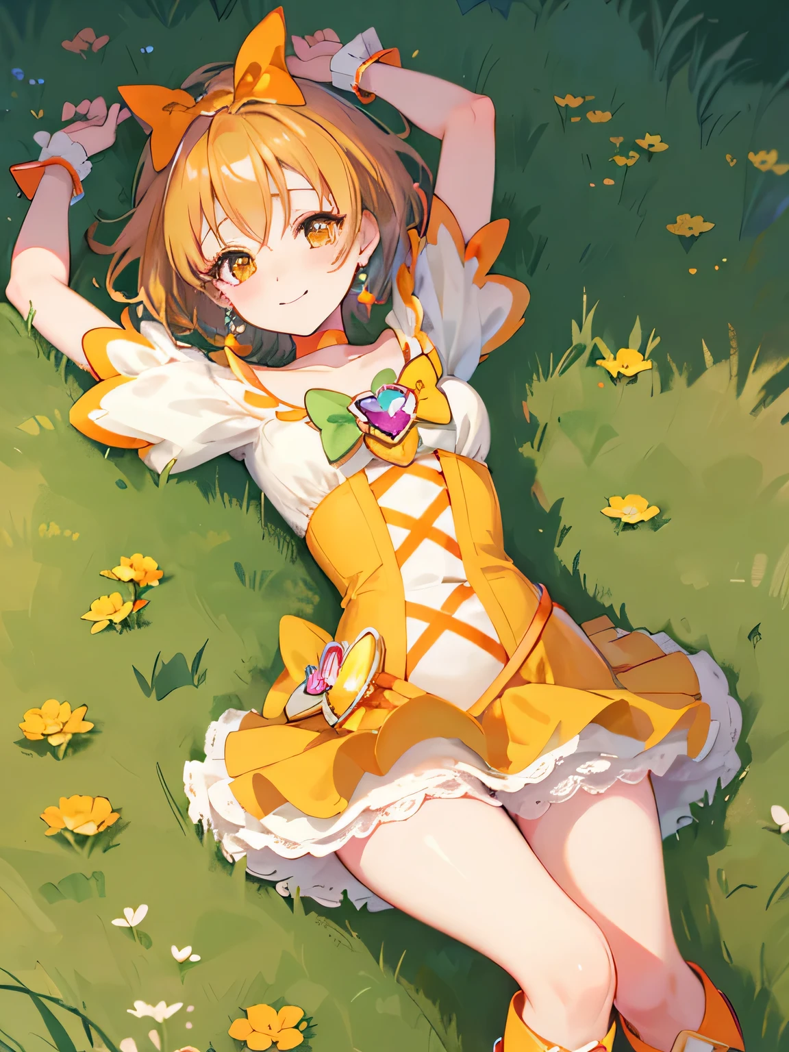 masterpiece, best quality, looking at viewer, center, closed mouth, spread arms, on back, on grass, looking at viewer, solo, center, smile, blushing,
1girl, cure pine, precure, one side up, short hair, hair ribbon,  frills, short sleeves, wrist cuffs, orange choker, orange boots, yellow_skirt,