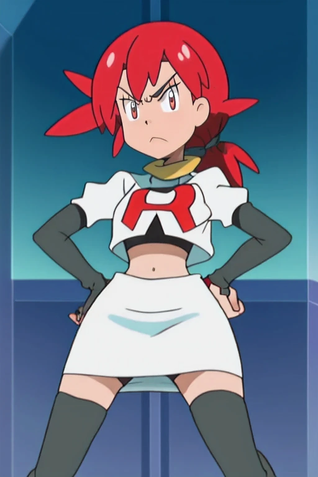 team rocket uniform, red letter r, white skirt,white crop top,black thigh-high boots, black elbow gloves, glaring angrily, looking at viewer, hands on hips, full body seen