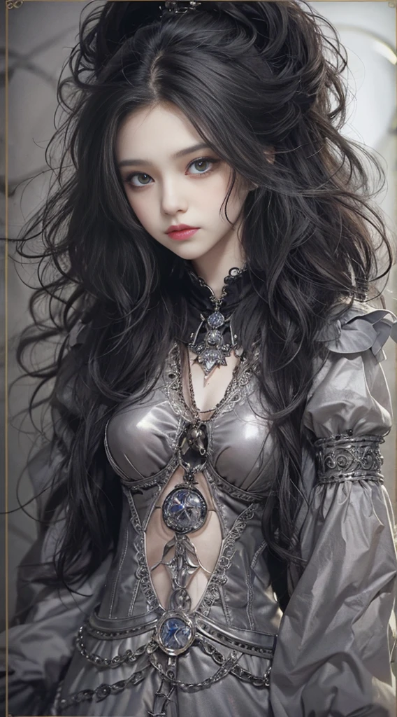 (((Masterpiece, top quality, ultra-detailed))), (((1 Infinity Mage Girl))), 14 years old, (((very detailed face))), small thin nose, small thin-lipped mouth, (((very sharp focused eyes))), very large slit precision pale grey eyes, sparkling like jewels. Very long eyelashes, long black hair in black vertical curls, with fringes, ((Steampunk fashion, Gothic Lolita fashion))