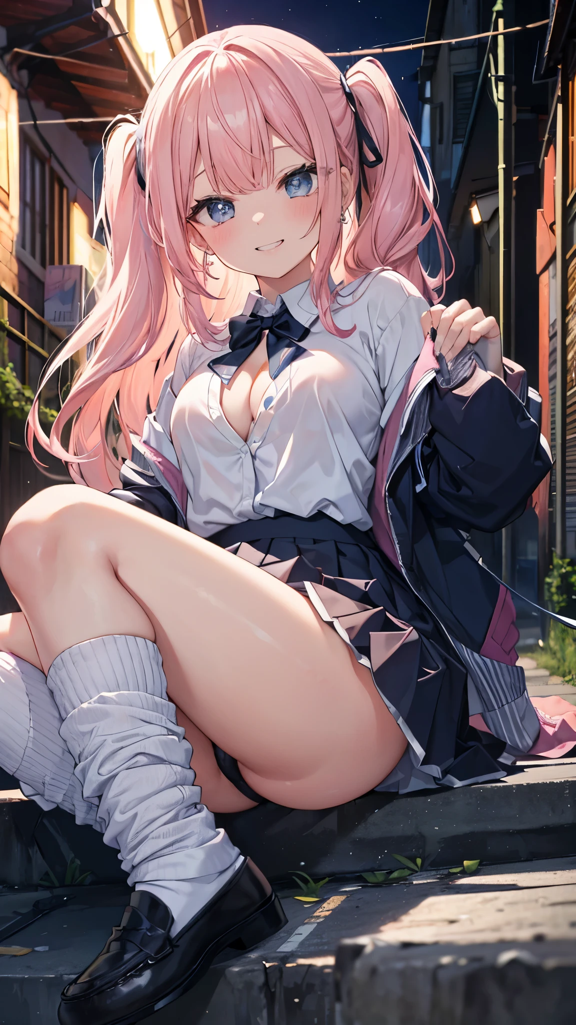 (8K、best image quality、highest quality、masterpiece)、detailed face、1 girl、pink hair、Long hair、diagonal bangs、light blue eyes、earrings、evil small、((smile showing teeth))、big breasts、((white shirt))、cleavage、long sleeve、black pleated skirt、white socks、loafers、sitting,、knees up、Take from below、((Back alley background at night))