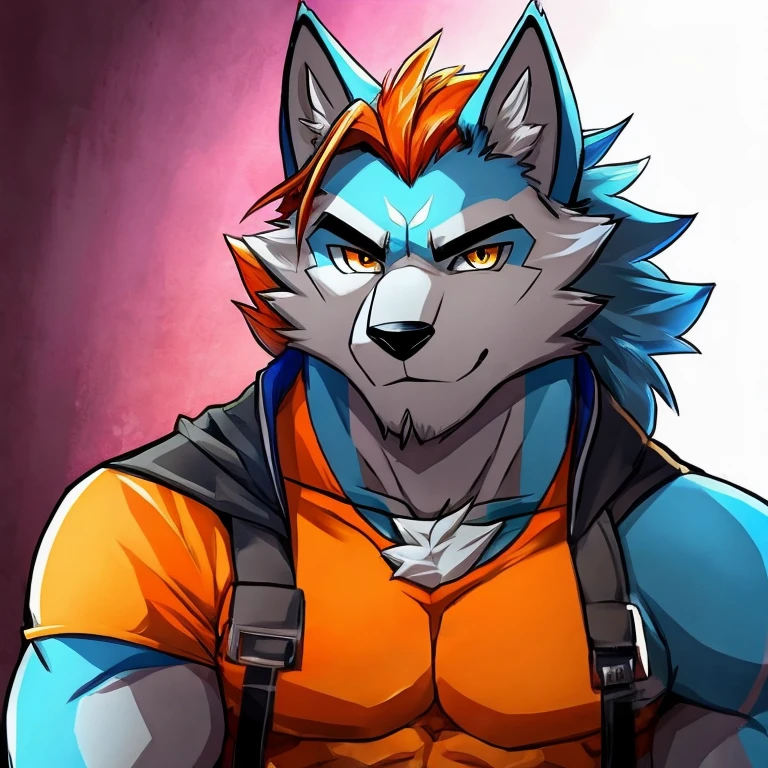 Lobo gris con manchas azules, heterocromia (ojo naranja y otro rojo)