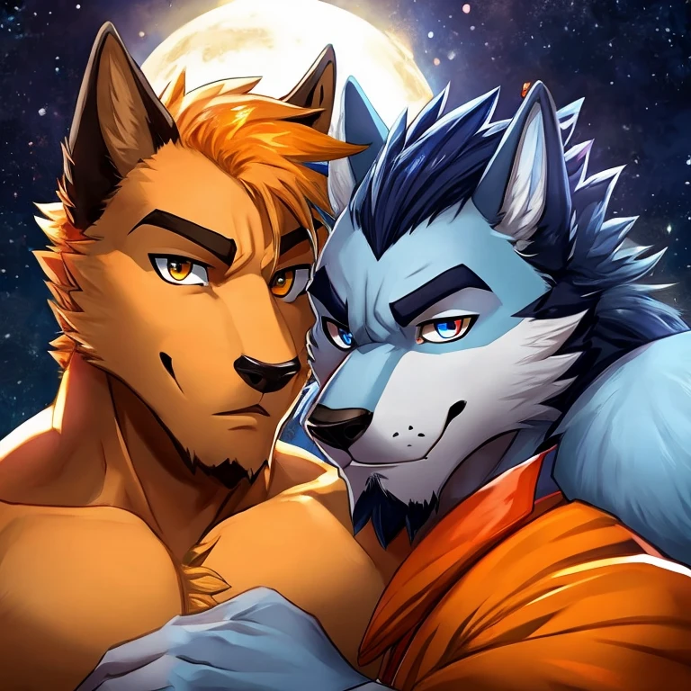 Jungle, loincloth, two people, touching genitals, night, beautiful starry sky, blush, fearless, muscular, dignified々Beautiful face Naked