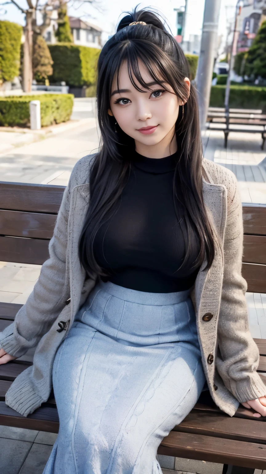 masterpiece、highest quality、High resolution、realistic:1.5、best image quality、one woman、18 year old girl、japanese idol、japanese woman、cute woman、detailed eyes and lips、detailed iris、beautiful eyes、fun expression、smile、(face the camera、(look at the camera))、((long black hair、ponytail、hair ornaments))、bright light、Light of the sun、shiny skin、((knit sweater、オフショルダーのknit sweater、long skirt、long coat))、winter scenery、quiet place、park bench、big breasts、cleavage、Sensual body lines、dynamic pose、sexy pose、dynamic angle、