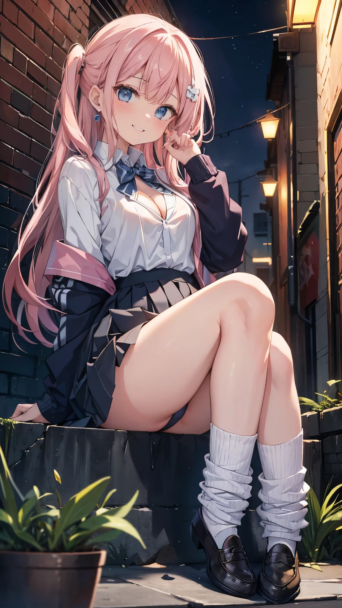 (8K、best image quality、highest quality、masterpiece)、detailed face、1 girl、pink hair、Long hair、diagonal bangs、light blue eyes、earrings、evil small、((smile showing teeth))、big breasts、((white shirt))、cleavage、long sleeve、black pleated skirt、light blue panties、white socks、loafers、sitting,、knees up、Take from below、((Back alley background at night))
