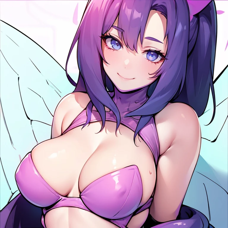 Purple hair, blue eyes, large breasts, sexy, beautiful body, masterpiece, bedroom, leopardprint bikini, smile, butterfly wings