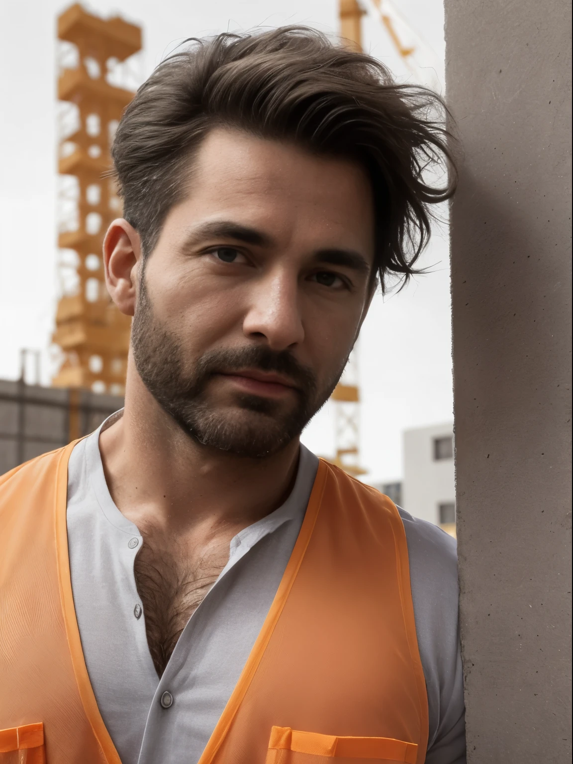 masterpiece, best quality, high resolution, closeup portrait, male focus, solo focus, A man, 40 years old, with construction worker uniform, unbuttoned work clothes, construction worker, silver grey hair, messy hairstyle, cute and seductive face, bare chest, body hair, facial hair, roman nose, very skinny body, hairy legs, dimples, beard, bold jawline , in the background a construction site, orange vest, gay , erotic, view from below, amazing composition, front view, HDR, ultra quality, elegant, highly detailed
