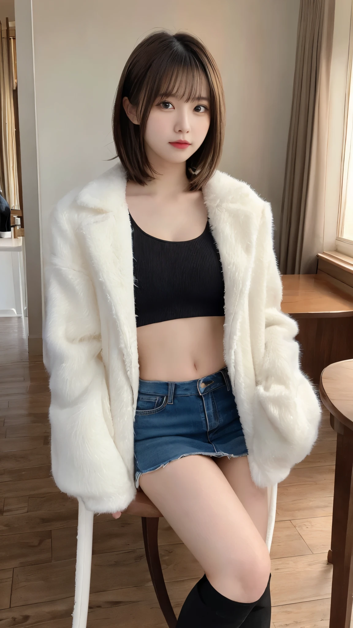table top, highest quality, figure, super detailed, finely, High resolution, 8k wallpaper, 完璧なダイナミックな構figure, beautiful and fine eyes, woman's fashion fluffy winter clothes,Wearing sunglasses,medium hair,small breasts natural color lip, bold sexy pose、20 year old girl、cute、sexy shot looking at camera,RAW photo,anatomically correct body,blur the background,perfect and beautiful face,KPOP idol face,Slim face and body、Wearing a black miniskirt,Wearing black high heels,sitting in a chair,