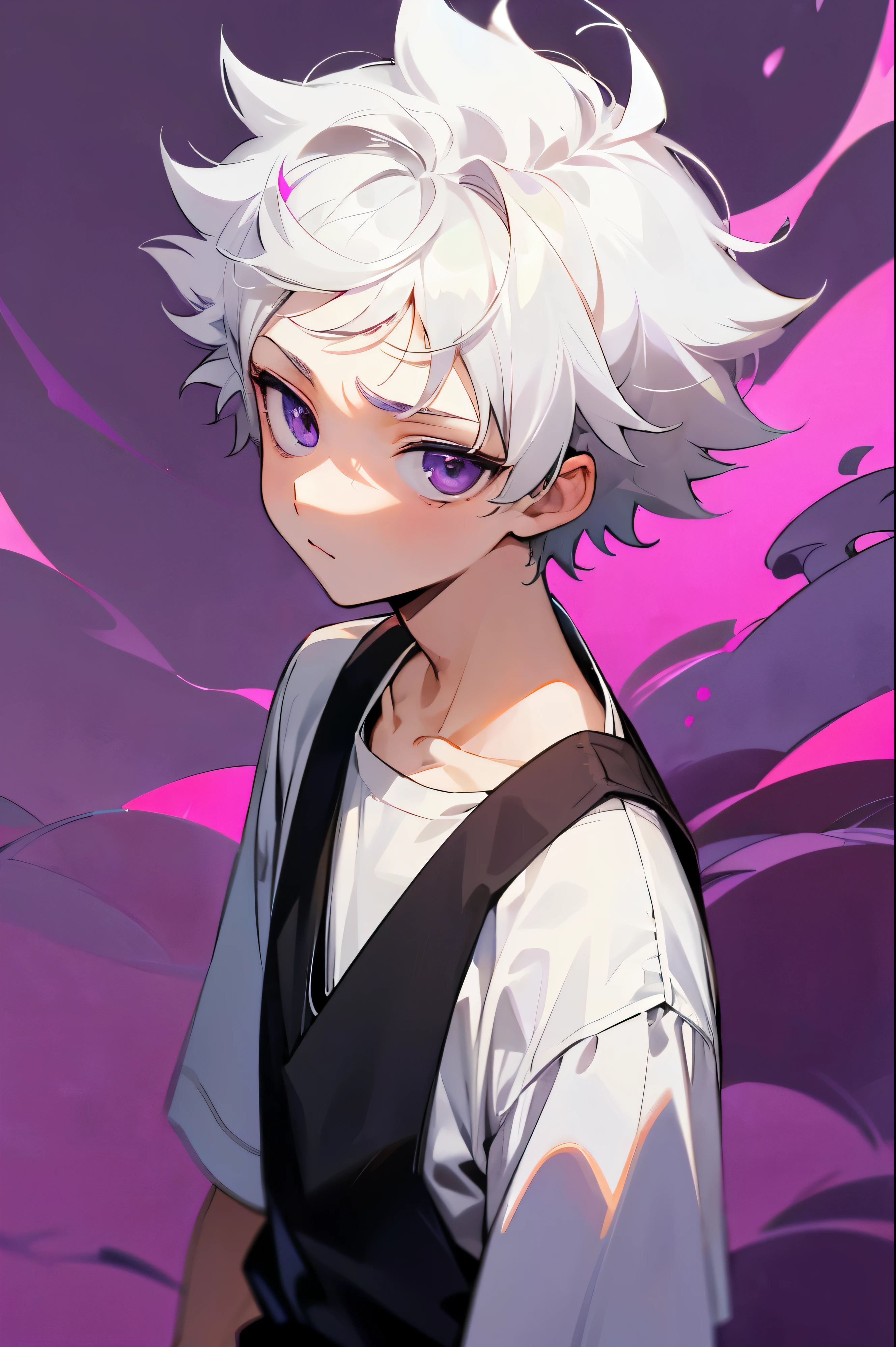 (1 boy, killua messy hairstyles, short messy hair, white hair, middle part hairstyles, semi realism, purple eyes, no hair in forehead, white shirt, messy-hairstyles), boy 20 years old