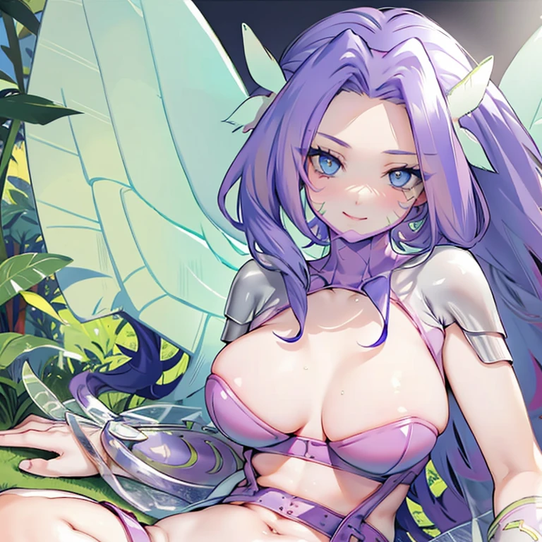 Purple hair, blue eyes, large breasts, sexy, beautiful body, masterpiece, bedroom, leopard print bikini, smile, butterfly wings