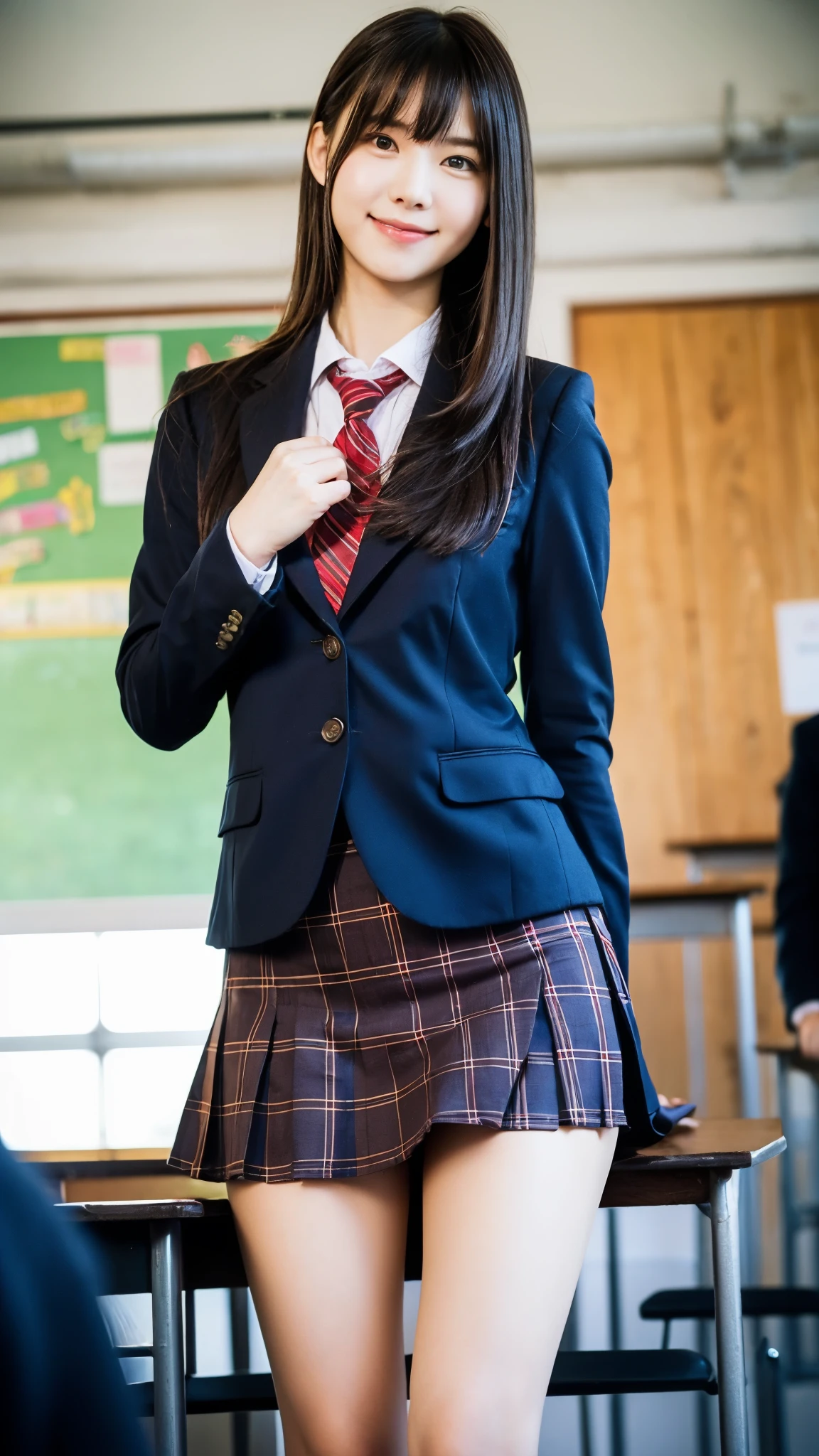 Girl Standing In School Classroom,Red Tie Uniform,Dark Blue Closed Blazer,Blue plaid skirt,18-year-old,bangs,a little smile,thighs,knees,from below,random pose,pretty girl,slender girl,