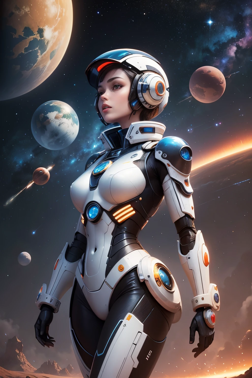 space woman standing on the edge of horizon looking at the view and viewer, sci fi art style of the masters,