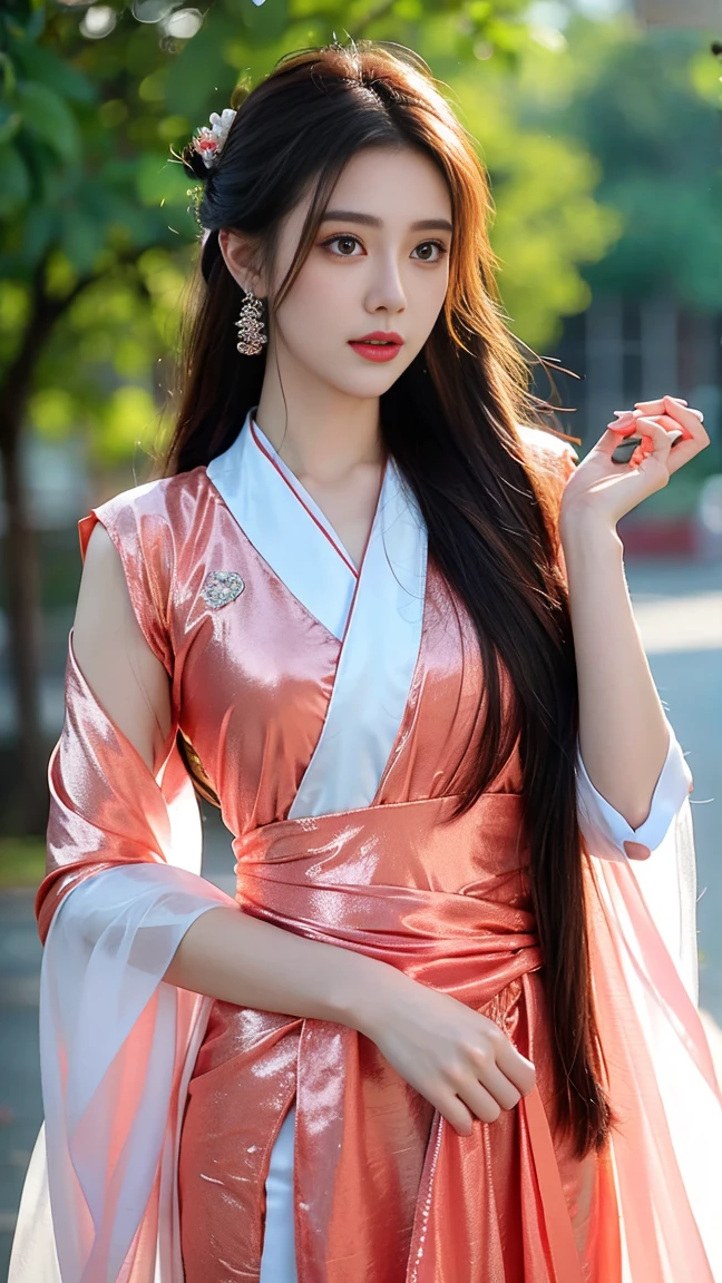 (a detailed, beautiful Chinese girl in a dramatic dynamic pose, wearing the traditional Hanfu, made with silk fabric, cowboy shot, the most beautiful form of chaos, looking at the audience, elegant, fauvist design, bright colors, (best quality, 4k, 8k, highres, masterpiece:1.2), ultra-detailed, (realistic, photorealistic, photo-realistic:1.37), HDR, UHD, studio lighting, ultra-fine painting, sharp focus, physically-based rendering, extreme detail description, professional, vivid colors, bokeh, portraits, concept art, fractal art:1.3, atmospheric, SFW.)