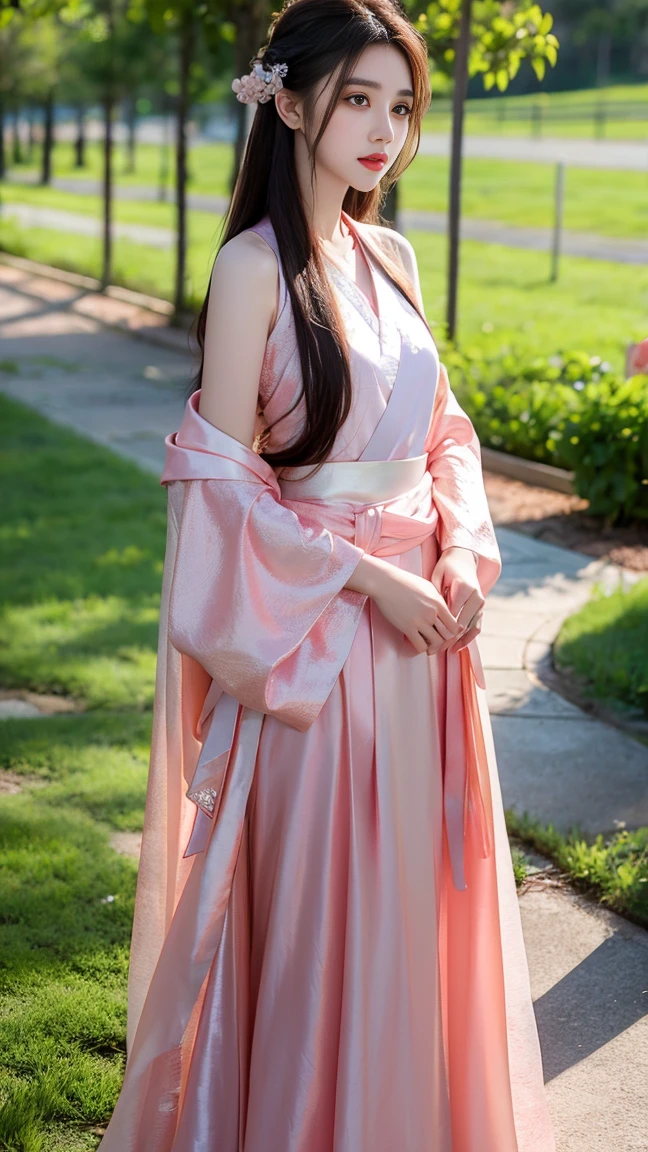 beautiful girl，Hanfu，Apricot eyes peach cheeks，Long hair and waist，Slim and graceful，Indifferent light makeup，Jade bone ice muscle，hair accessories，Full screen，palace，Highest quality
