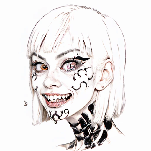 An image of a zombie witch with a creepy face, angry, wide numb eyes, scary open mouth, big sharp teeth with dripping blood and an occult tattoo on the neck, inspired by Junji Ito, junji ito style, art style of junji ito, in style of junji ito, ito junji art, style of junji ito, subtle junji ito, kaethe butcher, inspired by Hannah Frank, fleshy - cyborg - zombie