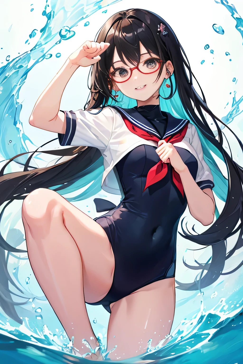 masutepiece, Best Quality, Extremely detailed, Anime, ((((Petite,)))) (((1 girl,))) (((Solo,))) 年轻, long hair blown up, Blunt bangs, Detailed black hair, Cute face, Small breasts, beautiful detailed blue eyes, White skin, brown hair band, ((Navy blue school swimsuit,)) Glasses, ((shiny,)) embarrassed, (((((Wet,))))) (((Dynamic Angle,))) (((((Vulgarity,)))))