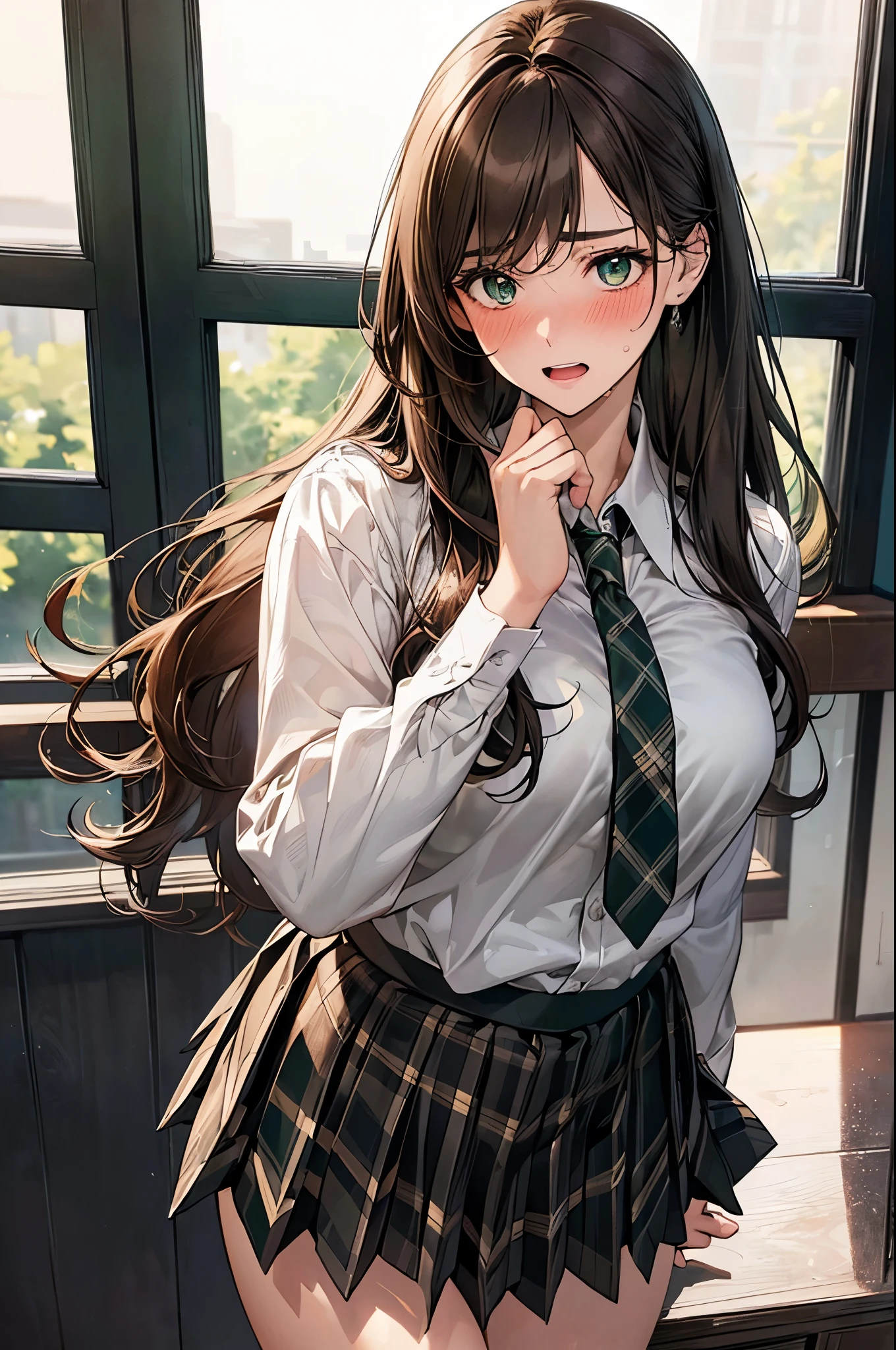 (masterpiece:1.2, top-quality), (realistic, photorealistic:1.4), beautiful illustration, (natural side lighting, movie lighting), nsfw,
looking away, upper body, 1 girl, japanese, high school girl, perfect face, cute and symmetrical face, shiny skin,
(long hair:1.4, half updo:1.2, light brown hair), swept bangs, big eyes, dark green eyes, drooping eyes, long eye lasher, (large breasts:0.6),
beautiful hair, beautiful face, beautiful detailed eyes, beautiful clavicle, beautiful body, beautiful chest, beautiful thighs, beautiful legs,
((symmetrical clothing, detailed cloth texture, white collared shirt, dark green plaid pleated skirt)), dark green tie, hair tie,
(beautiful scenery), evening, classroom, standing, leaning forward, (full-face blush, embarrassed, open mouth),