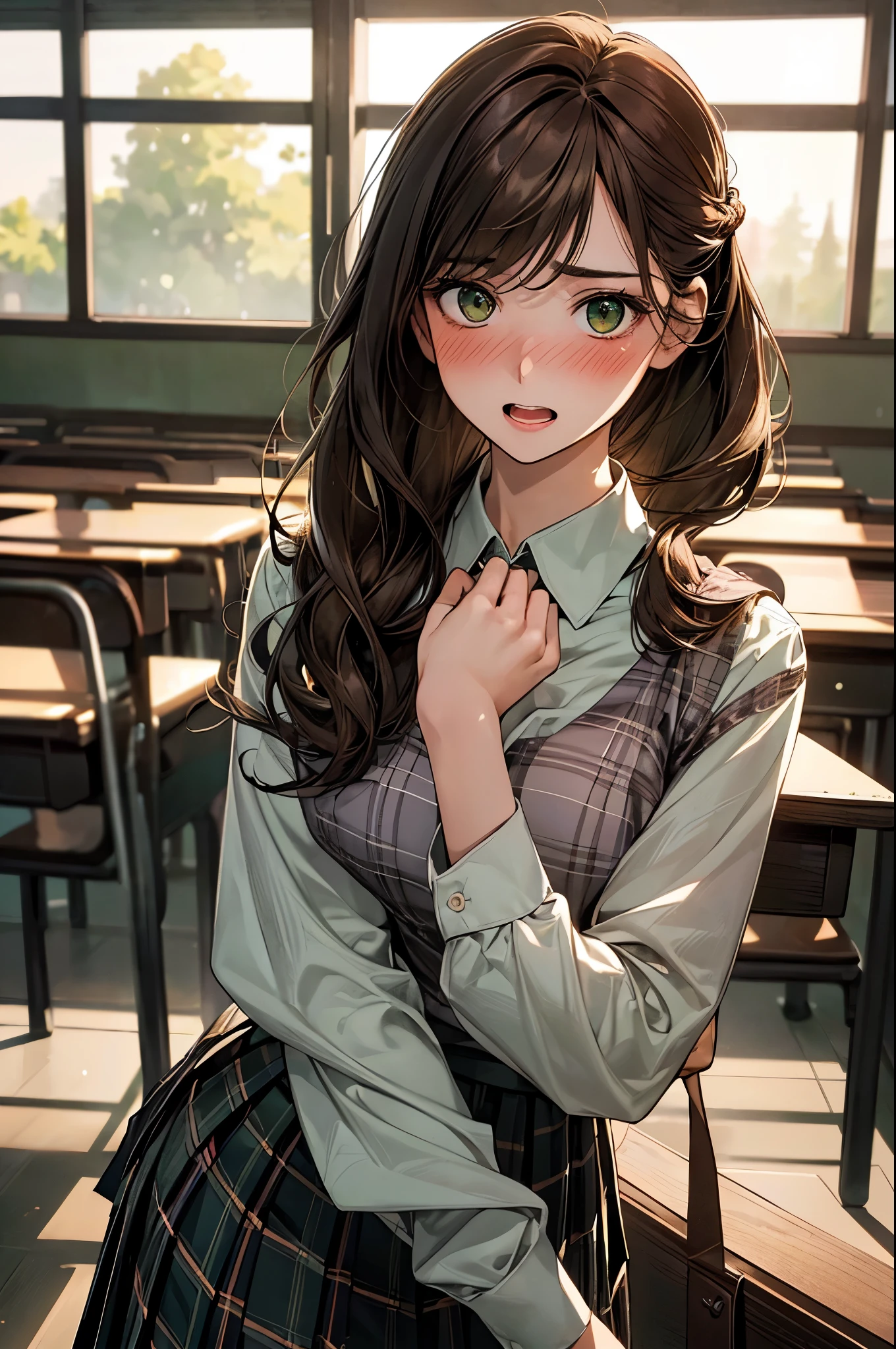 (masterpiece:1.2, top-quality), (realistic, photorealistic:1.4), beautiful illustration, (natural side lighting, movie lighting), nsfw,
looking away, upper body, 1 girl, japanese, high school girl, perfect face, cute and symmetrical face, shiny skin,
(long hair:1.4, half updo:1.2, light brown hair), swept bangs, big eyes, dark green eyes, drooping eyes, long eye lasher, (large breasts:0.6),
beautiful hair, beautiful face, beautiful detailed eyes, beautiful clavicle, beautiful body, beautiful chest, beautiful thighs, beautiful legs,
((symmetrical clothing, detailed cloth texture, white collared shirt, dark green plaid pleated skirt)), dark green tie, hair tie,
(beautiful scenery), evening, classroom, standing, leaning forward, (full-face blush, embarrassed, open mouth),
