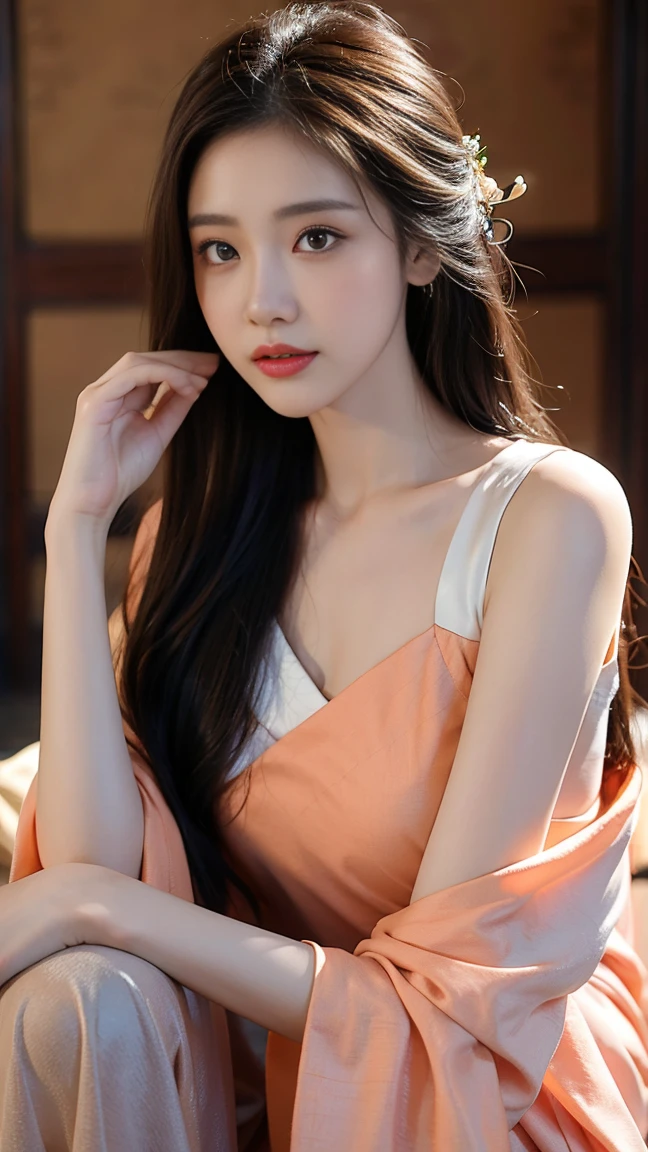 beautiful girl，Hanfu，Apricot eyes peach cheeks，Long hair and waist，Slim and graceful，Indifferent light makeup，Jade bone ice muscle，hair accessories，Full screen，palace，Highest quality