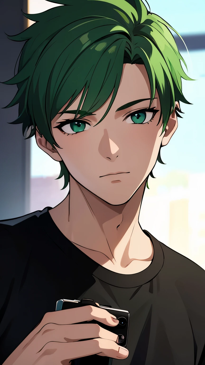 18 year old man with green hair, green eyes, wearing a black shirt, currently taking a photo shoot, portrait, on stage, very detailed