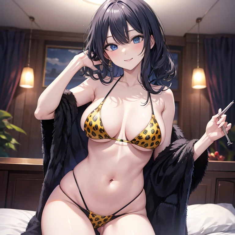 Black hair, blue eyes, large breasts, sexy, beautiful body, masterpiece, bedroom, leopardprint bikini, smile, 