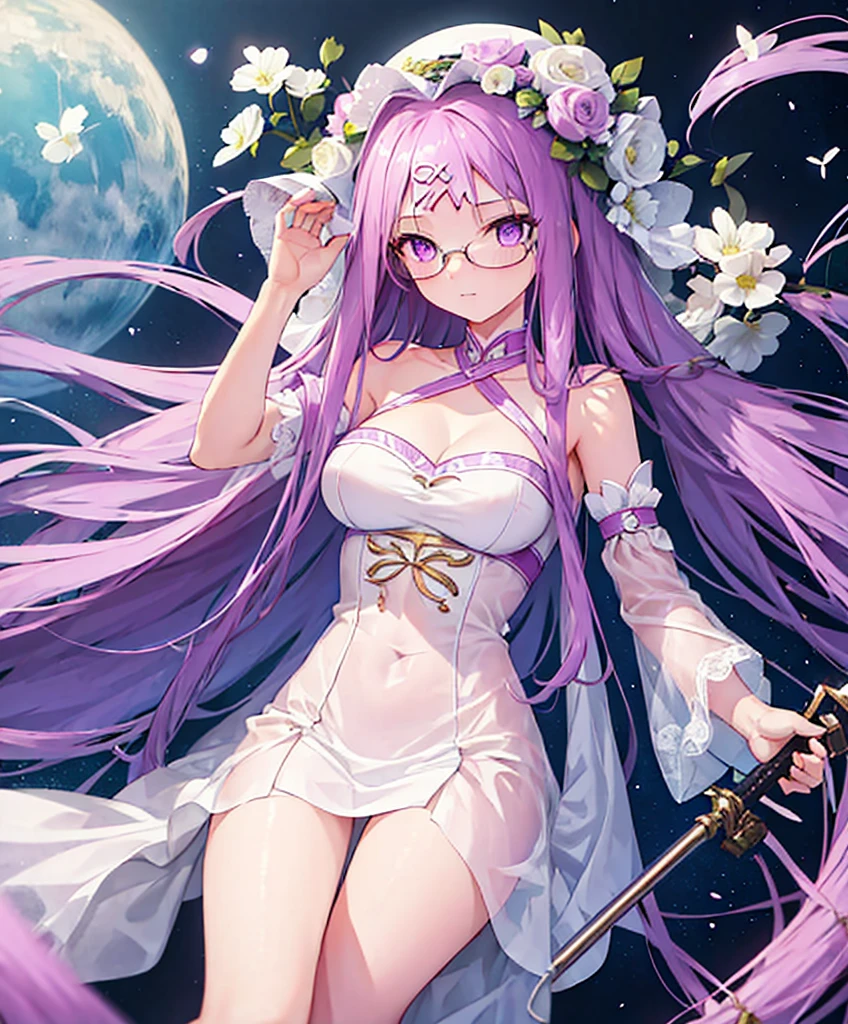 1girl, best quality, masterpiece, high resolution, solo, {white dress:1.40}, {short dress:1.20}, {medusa_fgo:1.15}, long_hair, purple_hair, very_long_hair, purple_eyes, breasts, big_breasts