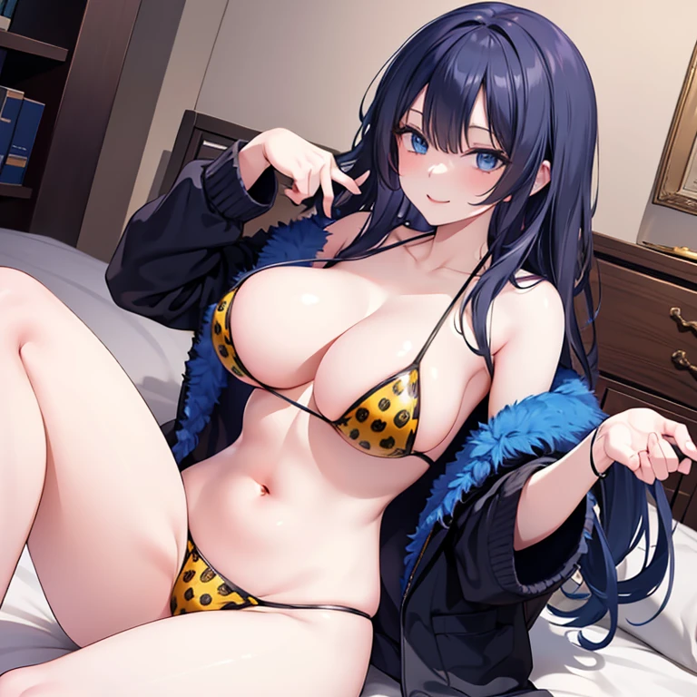 Black hair, blue eyes, large breasts, sexy, beautiful body, masterpiece, bedroom, leopardprint bikini, smile,