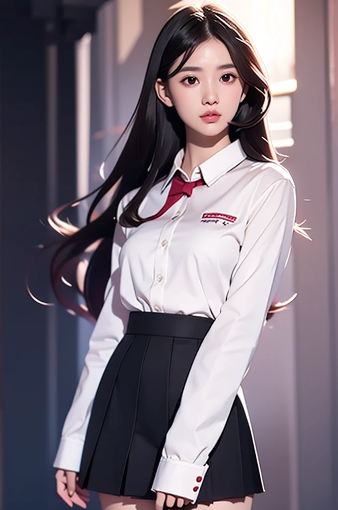 Beautiful Asian girl, school uniform, (((medium shot))), looking at viewer, (((perfect proportions))), long arms, (((dark dungeon))), (arms straight along the hip), (model proportions), long hair, Accurate , small nose, small lower lips, standing straight, big breasts