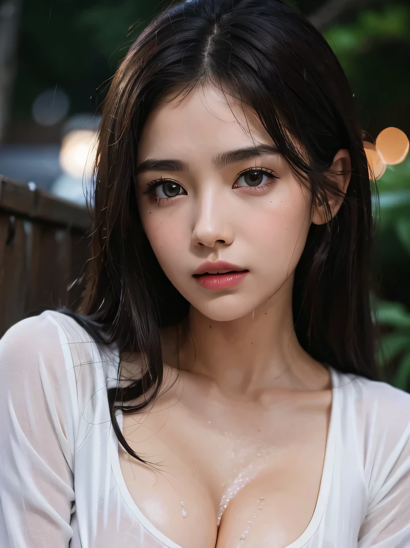 high quality、High resolution、masterpiece、Photosulfide、realistic、RAW photo、cinematic lighting、Portrait of beautiful woman、face light、bust shot、focus from the chest up、Detailed and symmetrical realistic face、High resolutionな自然な質感、High resolution、Attention to detail、Highly colored、Super realistic texture、dramatic lighting、look at the audience、dark brown hair、(wet in the rain、wet in the rain、wet body)、White wet shirt、super detailed face、detailed lips、fine eyes、faint smile、Background outside the house