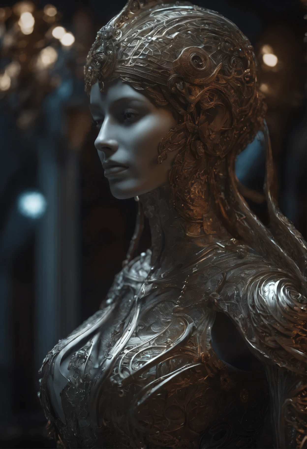 Intricate 3D rendering of the beautiful angel of death、Biomechanical cyborg、analog 150 mm lens、Agradable luz natural de borde suave、neon veins、root、Delicado encaje de hojas、Detalles de color、Disfraz de Boris Bidjan Saberi、pendientes de perlas、nipple piercing、Bordado de moda Art Nouveau、detalles intrincados、Mesh lines、Fractal de Mandelbrot、Muscles of the face、Electric cables、microprocesador、LotR、hiperrealista、octano,volumetric lighting,8K and post-production,Rojo blanco con un poco de negro,Detalle del esqueleto de metal,medio humano,Irridescent,Estilo Glenn Brown,futuristic room、El poder de Dios、High angle shooting、Postura corporal compleja,Dragon Chino,Chinese phoenix
