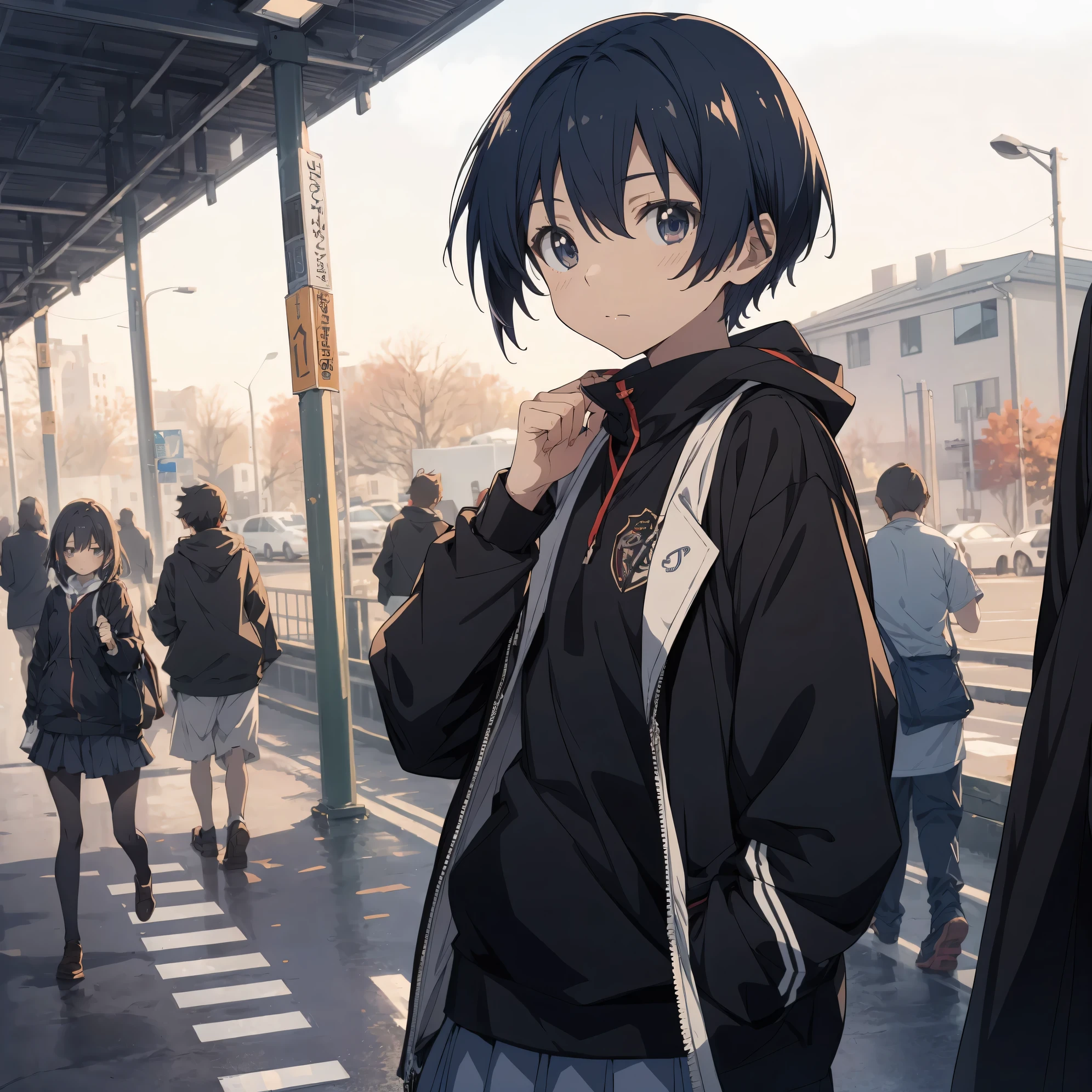 Super high quality by the art god, super detailed, High resolution, Shinkai Makoto style, anime moe art style, best anime 8K konachan wallpaper, pixiv contest winner, perfect anatomy, break,(眠そうにalone学校へ行く女の子を描いてください. ),break, surreal high school girl, (alone,lolita, , 13 years old:1.3),All limbs, full finger,, androgynous charm, (very short hair), messy hair, flat chest, , small ass, between legs, Small black eyes,hanme,beautiful and fine eyes, Well-proportioned iris and pupils, disgusted eyes, High resolutionの詳細な髪, wearing school uniform, (skirt), On the way to school. break,super dense skin, Best lighting by famous artists, 8K, cute illustration,surrealism, UHD, rough skin