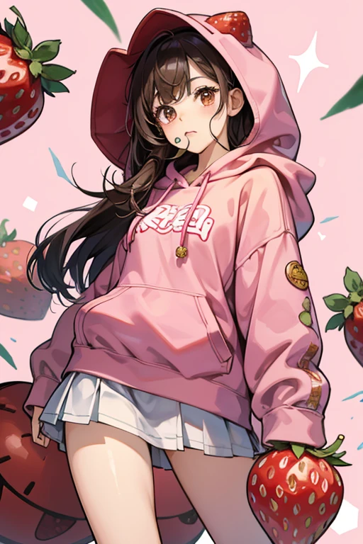 Strawberry Cookie is a somewhat small, thickish Cookie with brown eyes that each have a single eyelash that shooting out from the top-right corner. She wears an oversized pink strawberry hoodie with a pair of drawstrings with puffballs that resemble a pair of cherries. Her mouth and head are covered by the hoodie. Her pink lollipop sticks out of her jade-green backpack when she isn't using it. GLITTER
