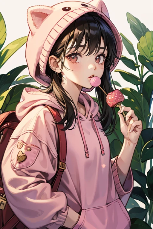 Strawberry Cookie is a somewhat small, thickish Cookie with brown eyes that each have a single eyelash that shooting out from the top-right corner. She wears an oversized pink strawberry hoodie with a pair of drawstrings with puffballs that resemble a pair of cherries. Her mouth and head are covered by the hoodie. Her pink lollipop sticks out of her jade-green backpack when she isn't using it. GLITTER
