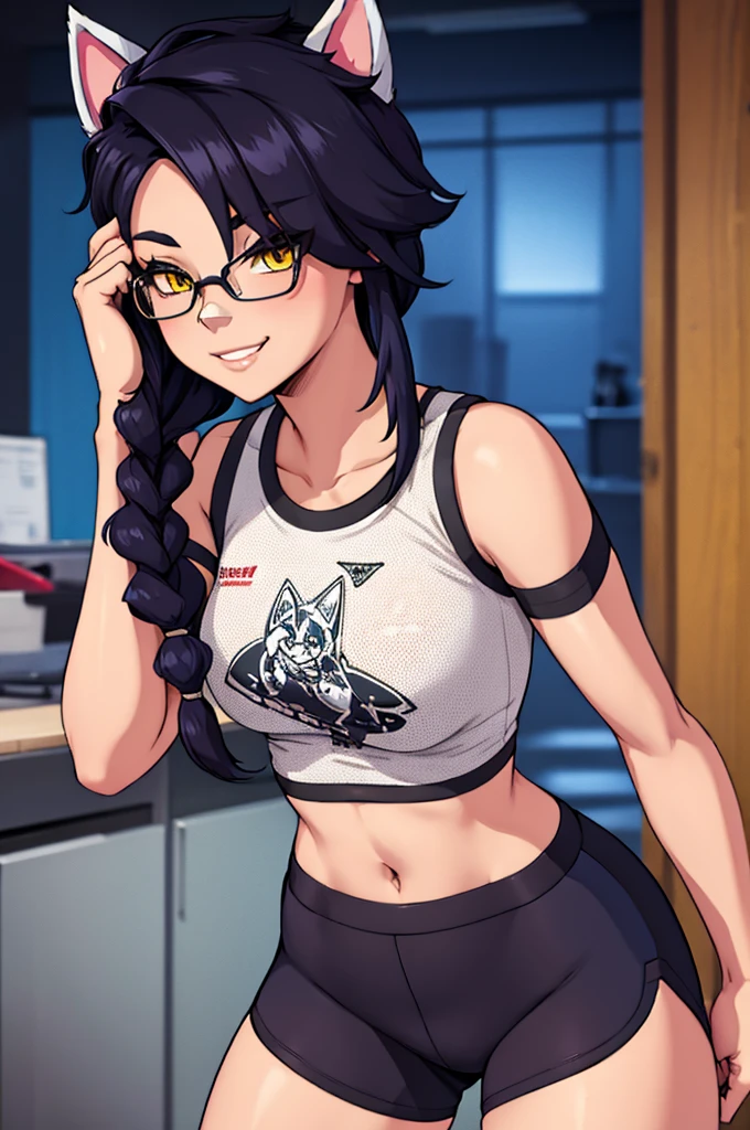 Erisa, 1girl, solo, long hair, looking at viewer, black hair, bandaid on face, yellow eyes, animal ears, smile, bandaid on nose, braid, cat ears, bandaid, bangs, breasts, fake animal ears, simple background, fang, bare shoulders, scar, teeth, bare shoulders, black shirt, short sleeves, closed mouth, t-shirt, hair over one eye, night city view, portrait, hair over shoulder, skin tight shirt, tight shorts, butt, legs, glasses, sports wear, crop top, shorts, seductive, realistic, best quality, masterpiece, ultra detail, ultra high res, extreme detail, 8k, uhd