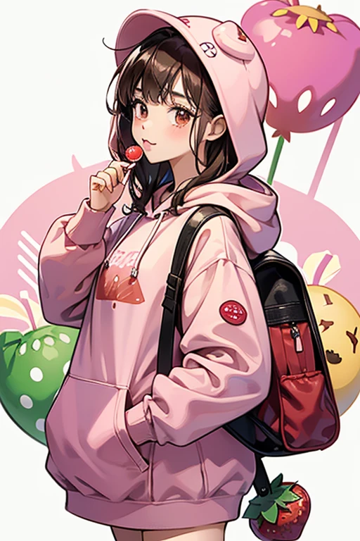Strawberry Cookie is a somewhat small, thickish Cookie with brown eyes that each have a single eyelash that shooting out from the top-right corner. She wears an oversized pink strawberry hoodie with a pair of drawstrings with puffballs that resemble a pair of cherries. Her mouth and head are covered by the hoodie. Her pink lollipop sticks out of her jade-green backpack when she isn't using it. GLITTER, JELLY