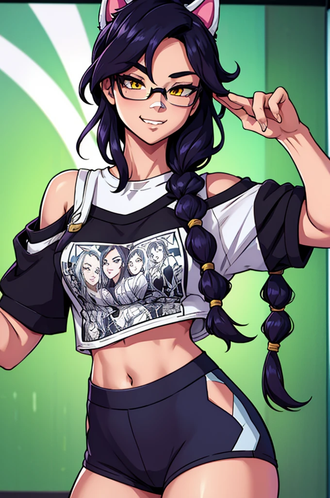 Erisa, 1girl, solo, long hair, looking at viewer, black hair, bandaid on face, yellow eyes, animal ears, smile, bandaid on nose, braid, cat ears, bandaid, bangs, breasts, fake animal ears, simple background, fang, bare shoulders, scar, teeth, bare shoulders, black shirt, short sleeves, closed mouth, t-shirt, hair over one eye, night city view, portrait, hair over shoulder, skin tight shirt, tight shorts, butt, legs, glasses, sports wear, crop top, shorts, seductive, realistic, best quality, masterpiece, ultra detail, ultra high res, extreme detail, 8k, uhd