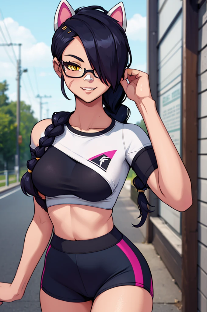 Erisa, 1girl, solo, long hair, looking at viewer, black hair, bandaid on face, yellow eyes, animal ears, smile, bandaid on nose, braid, cat ears, bandaid, bangs, , fake animal ears, simple background, fang,  shoulders, scar, teeth,  shoulders, black shirt, short sleeves, closed mouth, t-shirt, hair over one eye, night city view, portrait, hair over shoulder, skin tight shirt, tight shorts, , legs, glasses, sports wear, crop top, shorts, , realistic, best quality, masterpiece, ultra detail, ultra high res, extreme detail, 8k, uhd