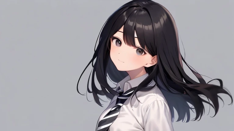 a slightly fat woman,Medium long black hair,bangs,A white dress shirt with a black and white striped tie,small breasts,black eyes,school background,Calm and gentle eyes,Drooping eyes,calm face.Upper body,slightly turned to the side