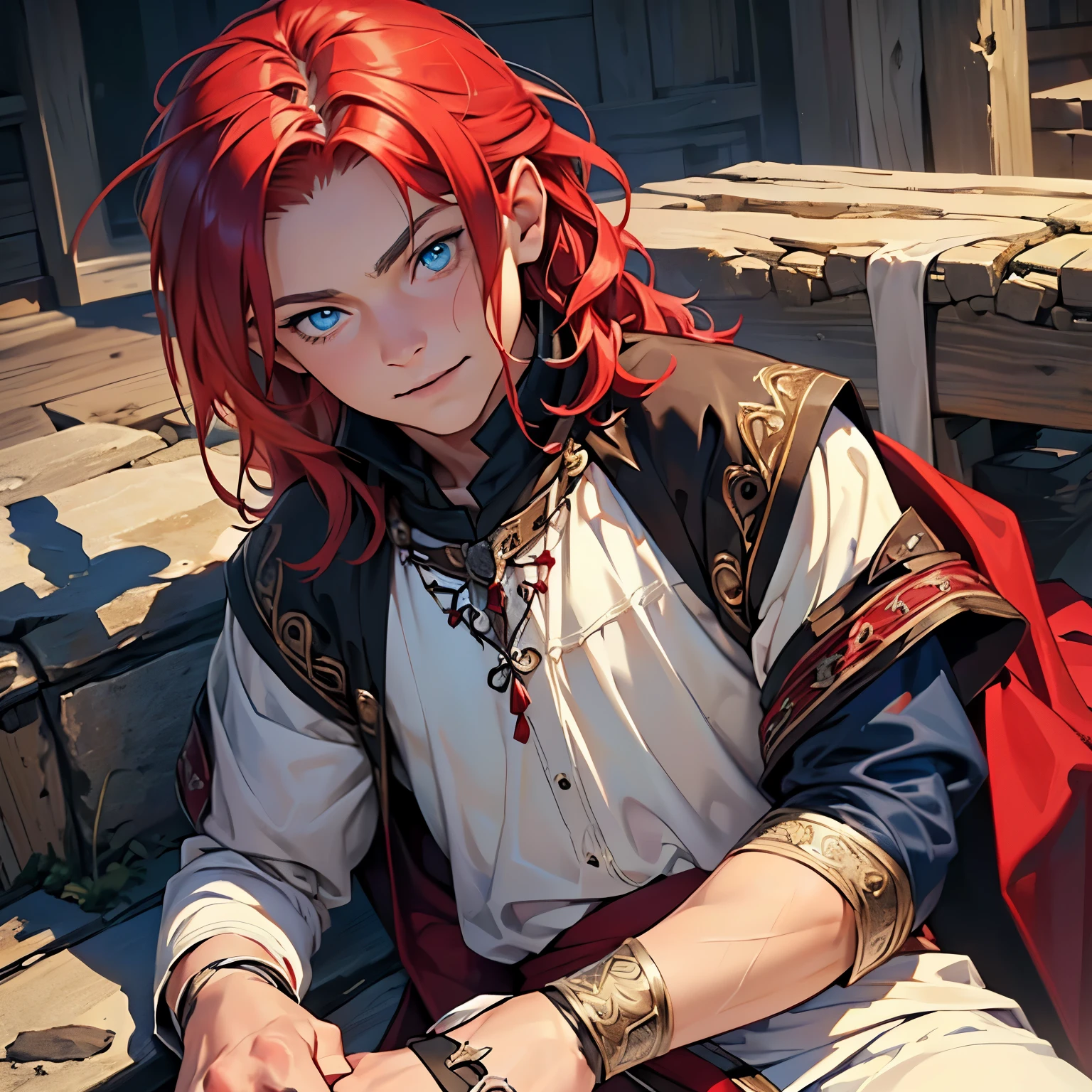 (a boy with blue eyes,ultra-detailed,realistic:1.37,masterpiece:1.2), young, masculine Caucasian, medium length red hair, tattered clothes, gentle smile, (eight years old:1.7), medieval vampire outfit.