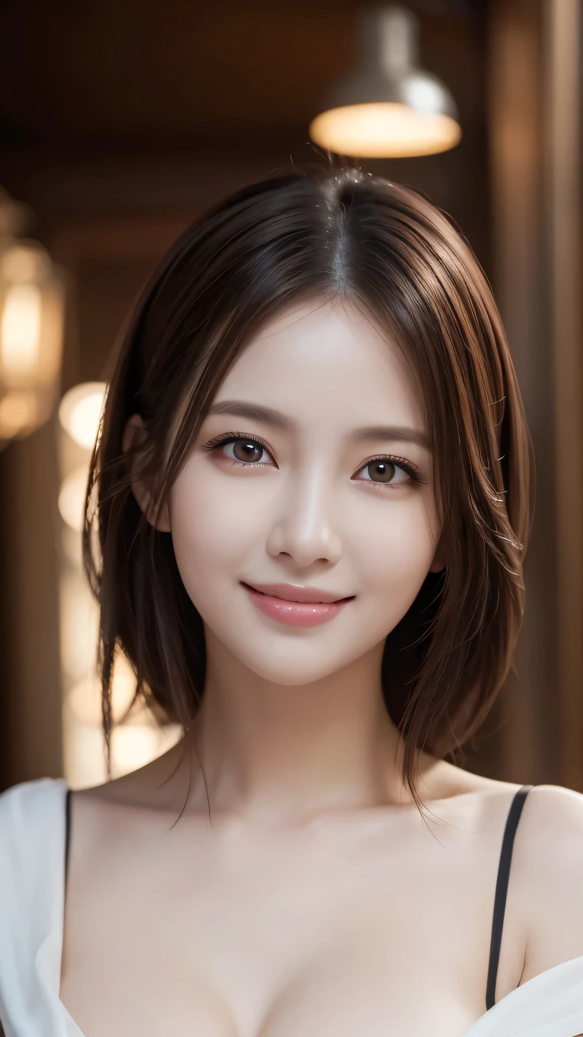 1woman, (Ultra realistic, high res), (highly detailed eyes, highly detailed hair, highly detailed face, highly detailed plump lips), (off shoulder with open breasts), breasts, upper body, caute smile, (best quality:1.4), Raw photo, (realistic, photo-realistic:1.37), professional photography, cinematic light, (fine face: 1.2),