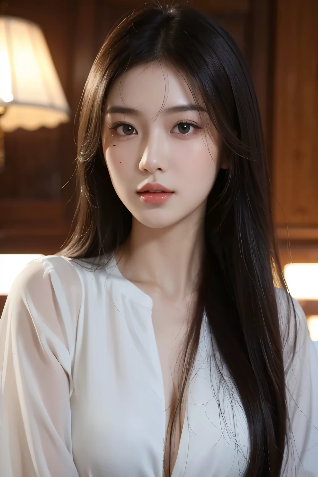 (best quality,4k,8k,highres,masterpiece:1.2),sharp focus,soft lighting,ultra-high resolution,(realistic:1.4),original photograph,1 Chinese girl,alone,sexy,(shimmering eyes,sparkling eyes),beautiful detailed face,(),(ultra-high resolution details of skin texture),(long hair),indoor setting,silk blouse dress,(portrait),a beauty mark below the eyes