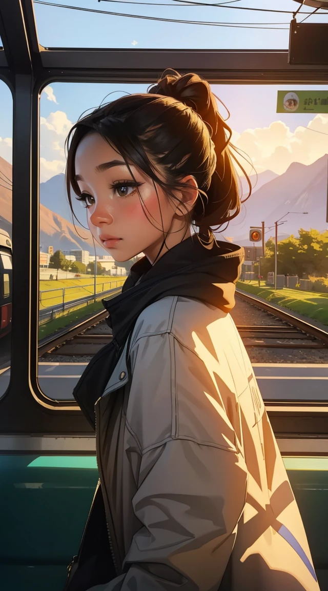 A girl with an awkward grimace, inside a subway, with distant mountains visible, surrounded by a countryside scenery. The girl has beautiful long brown hair tied up in a hip-hop style. The artwork is in UHD portrait orientation, depicting the girl in high quality and ultra-detailed realism. The scene is lit with studio lighting, bringing out vivid colors and creating a photorealistic effect.

Additionally, there are observers in the scene wearing black clothes, observing the girl from the streets. The observers are diverse, with different appearances and unique styles. The artwork showcases an array of vibrant colors, enhancing the overall visual impact. The focus is sharp and the rendering technique provides extreme detail, capturing every aspect of the girl's appearance.

The background features a subway interior with intricate details, complemented by the scenic view of mountains in the distance. The countryside scenery adds a sense of tranquility and serenity to the overall composition. The lighting in the artwork creates a warm and inviting atmosphere, contrasting with the urban setting of the subway.

Overall, the artwork combines elements of urban and natural landscapes, showcasing the beauty of the girl in a unique and captivating way. The UHD portrait format and the use of high-quality rendering techniques ensure a visually stunning masterpiece, capturing the essence of the scene with precision and realism.