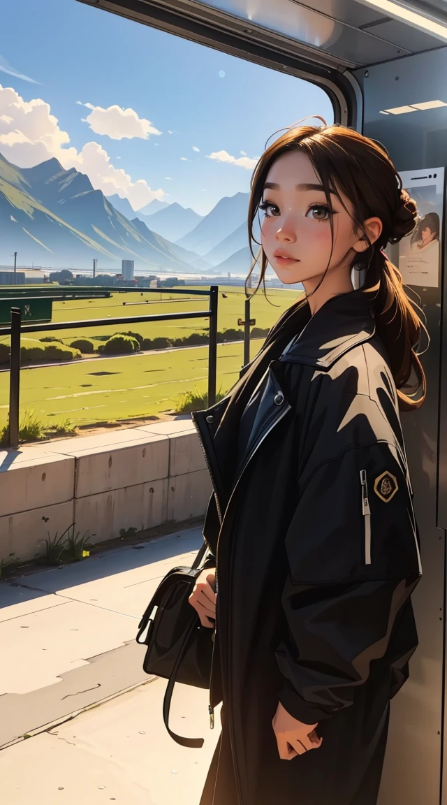 A girl with an awkward grimace, inside a subway, with distant mountains visible, surrounded by a countryside scenery. The girl has beautiful long brown hair tied up in a hip-hop style. The artwork is in UHD portrait orientation, depicting the girl in high quality and ultra-detailed realism. The scene is lit with studio lighting, bringing out vivid colors and creating a photorealistic effect.

Additionally, there are observers in the scene wearing black clothes, observing the girl from the streets. The observers are diverse, with different appearances and unique styles. The artwork showcases an array of vibrant colors, enhancing the overall visual impact. The focus is sharp and the rendering technique provides extreme detail, capturing every aspect of the girl's appearance.

The background features a subway interior with intricate details, complemented by the scenic view of mountains in the distance. The countryside scenery adds a sense of tranquility and serenity to the overall composition. The lighting in the artwork creates a warm and inviting atmosphere, contrasting with the urban setting of the subway.

Overall, the artwork combines elements of urban and natural landscapes, showcasing the beauty of the girl in a unique and captivating way. The UHD portrait format and the use of high-quality rendering techniques ensure a visually stunning masterpiece, capturing the essence of the scene with precision and realism.