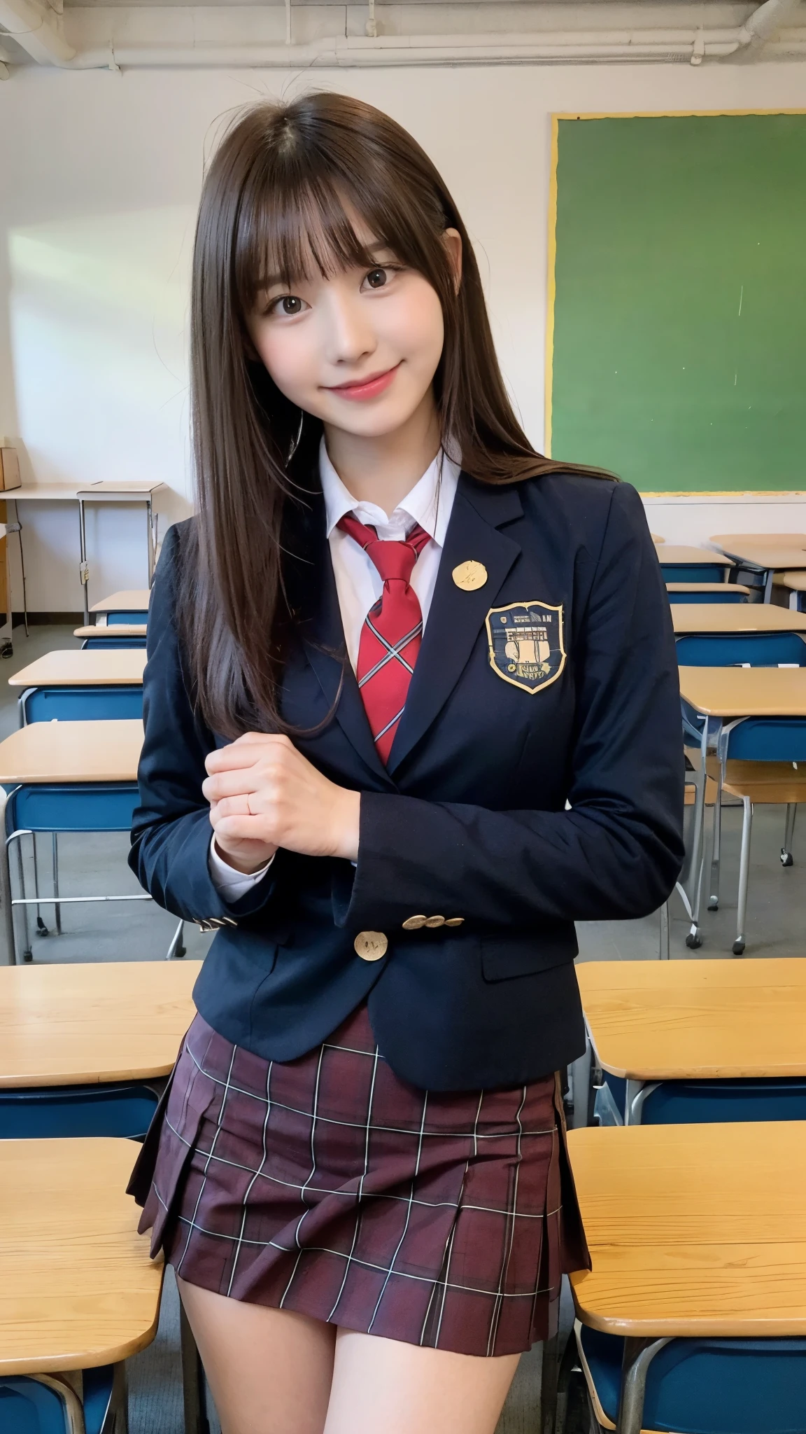 Girl Standing In School Classroom,Red Tie Uniform,Dark Blue Closed Blazer,Blue plaid skirt,18-year-old,bangs,a little smile,thighs,knees,from below,random pose,pretty girl,slender girl,