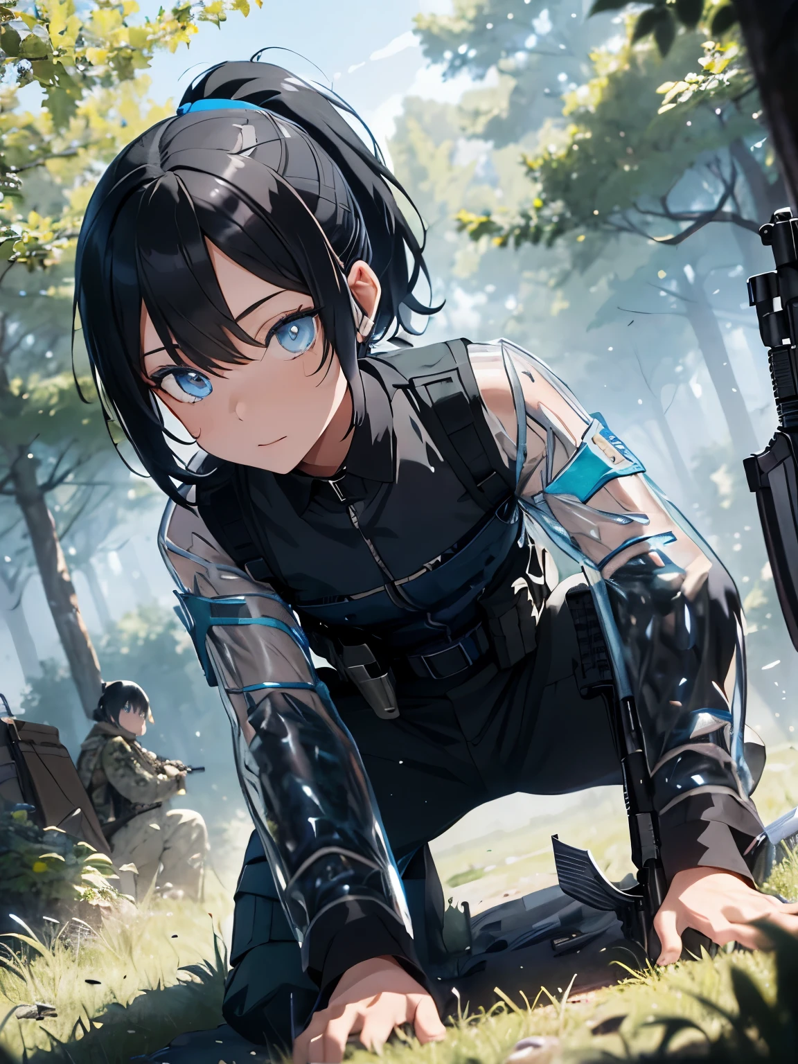 character//1 boy,(black hair:1.3),((short ponytail:1.2)),((With bangs)),BREAK//((Clear blue eyes:1.3)),BREAK//(Fashion//((Black and blue camouflage long sleeve shirt)),BREAK((dark gray bulletproof vest)),(Sheriff's star badge on the chest of the vest:1.2),((cargo pants)),BREAK//((He carries a large rifle that is as tall as he is.:1.3)),((survival game)),((Ear microphone:1.3)),((A forest with dense grass)),((Crouching man holding a rifle:1.6))